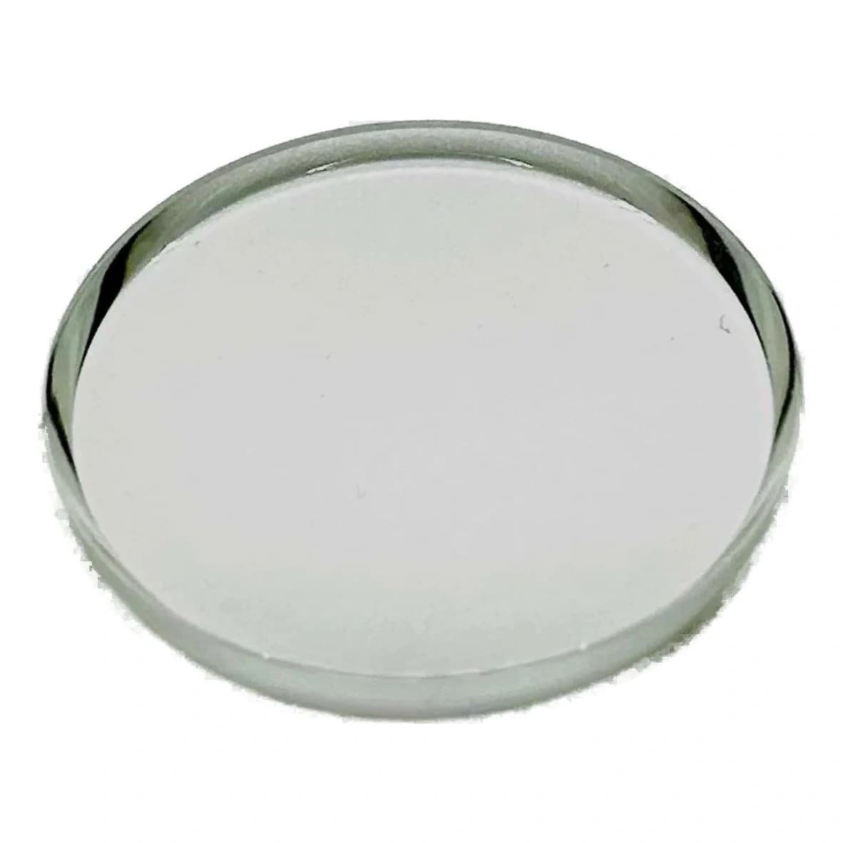 Round domed mineral glass watch crystal with integrated tension ring for snap-fit installation, clear with no AR coating